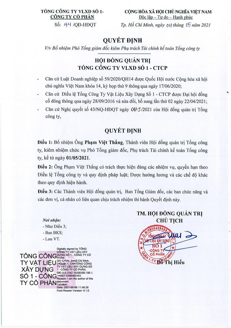 Quyết định bổ nhiệm Phó Tổng giám đốc kiêm Phụ trách Tài chính kế toán Tổng công ty - FiCO Quyết Định Bổ Nhiệm Phó Tổng Giám Đốc Kiêm Phụ Trách Tài Chính Kế Toán Tổng Công Ty - Fico