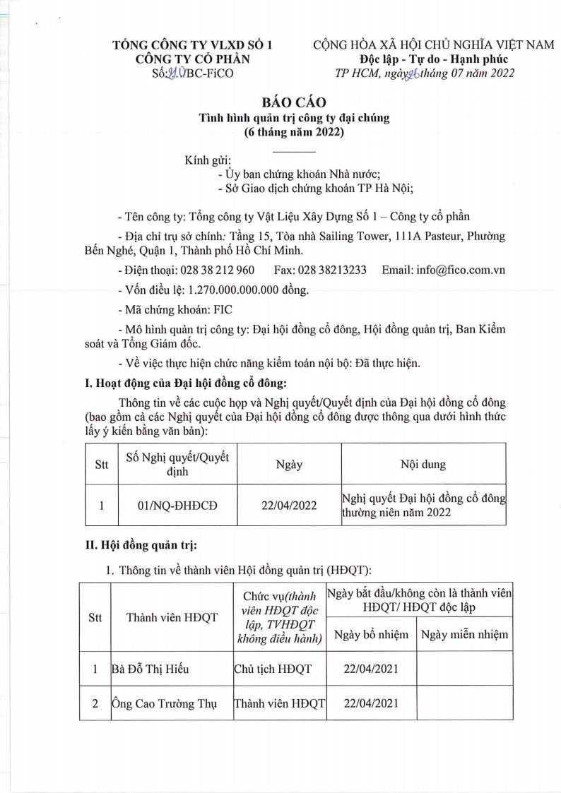 Báo cáo tình hình quản trị công ty đại chúng (6 tháng năm 2022)