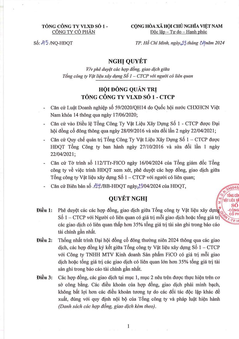 Nghị quyết về Phê duyệt các hợp đồng, giao dịch giữa Tổng công ty Vật liệu xây dựng Số 1 - CTCP với người có liên quan