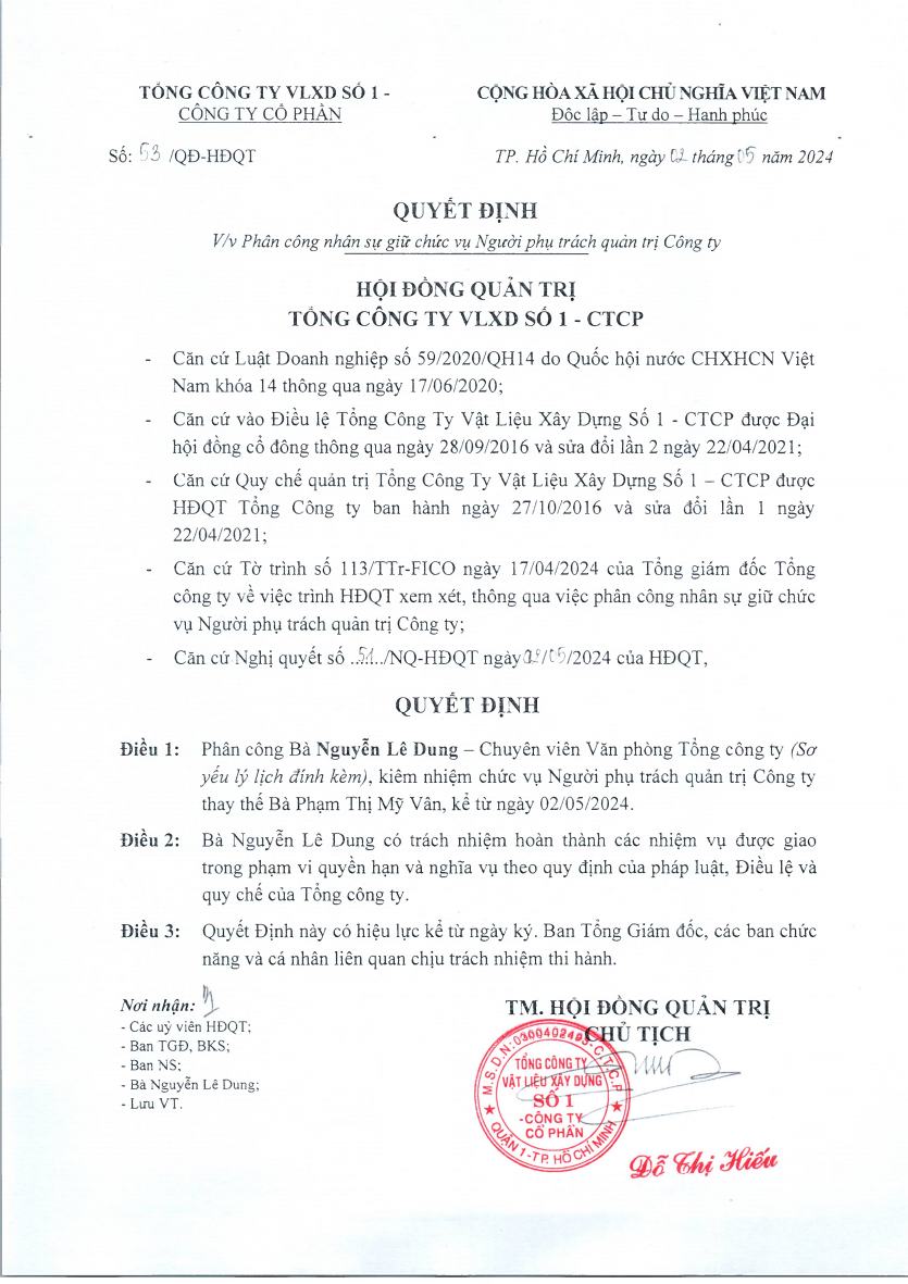 Quyết định về Phân công nhân sự giữ chức vụ Người phụ trách quản trị Công ty