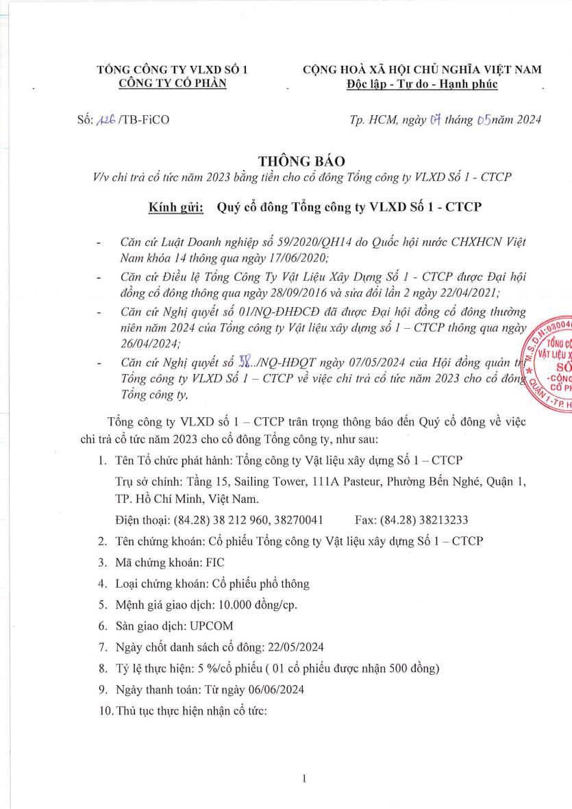 Chi trả cổ tức năm 2023 bằng tiền cho cổ đông Tổng công ty VLXD Số 1 - CTCP