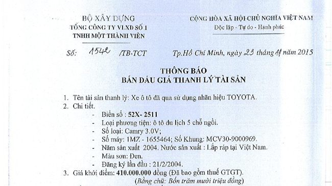 THÔNG BÁO BÁN ĐẤU GIÁ THANH LÝ TÀI SẢN