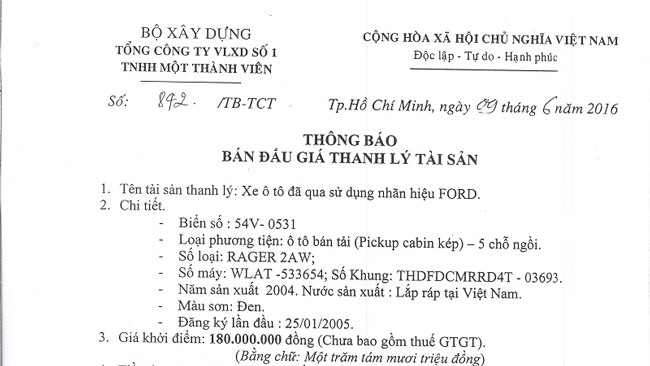 Thông báo bán đấu giá thanh lý tài sản xe ô tô