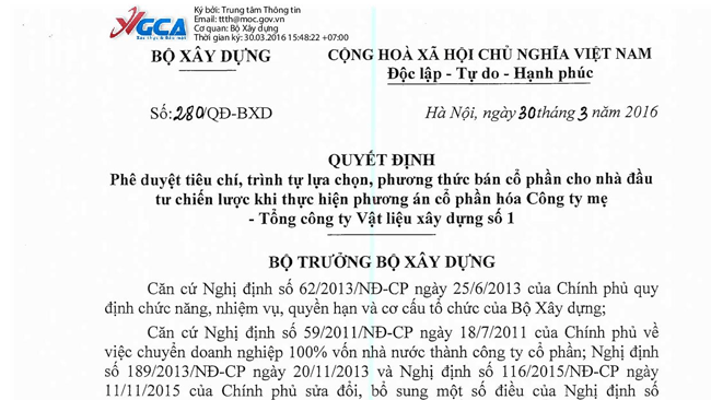 Quyết định phê duyệt tiêu chí, trình tự lựa chọn, phương thức bán cổ phần cho nhà đầu tư chiến lược khi thực hiện phương án cổ phần hóa Công ty mẹ - Tổng công ty Vật liệu xây dựng số 1