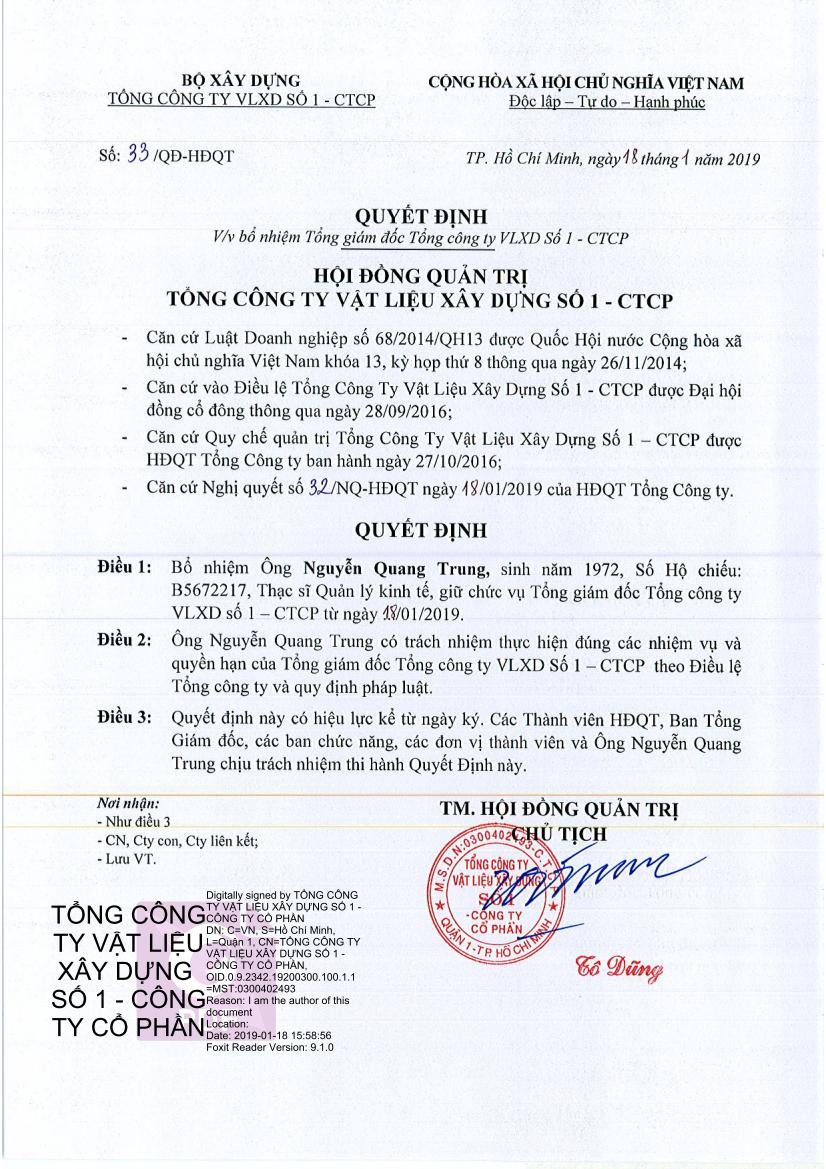 Quyết định bổ nhiệm Tổng Giám đốc - Ông Nguyễn Quang Trung từ ngày 18/01/2019