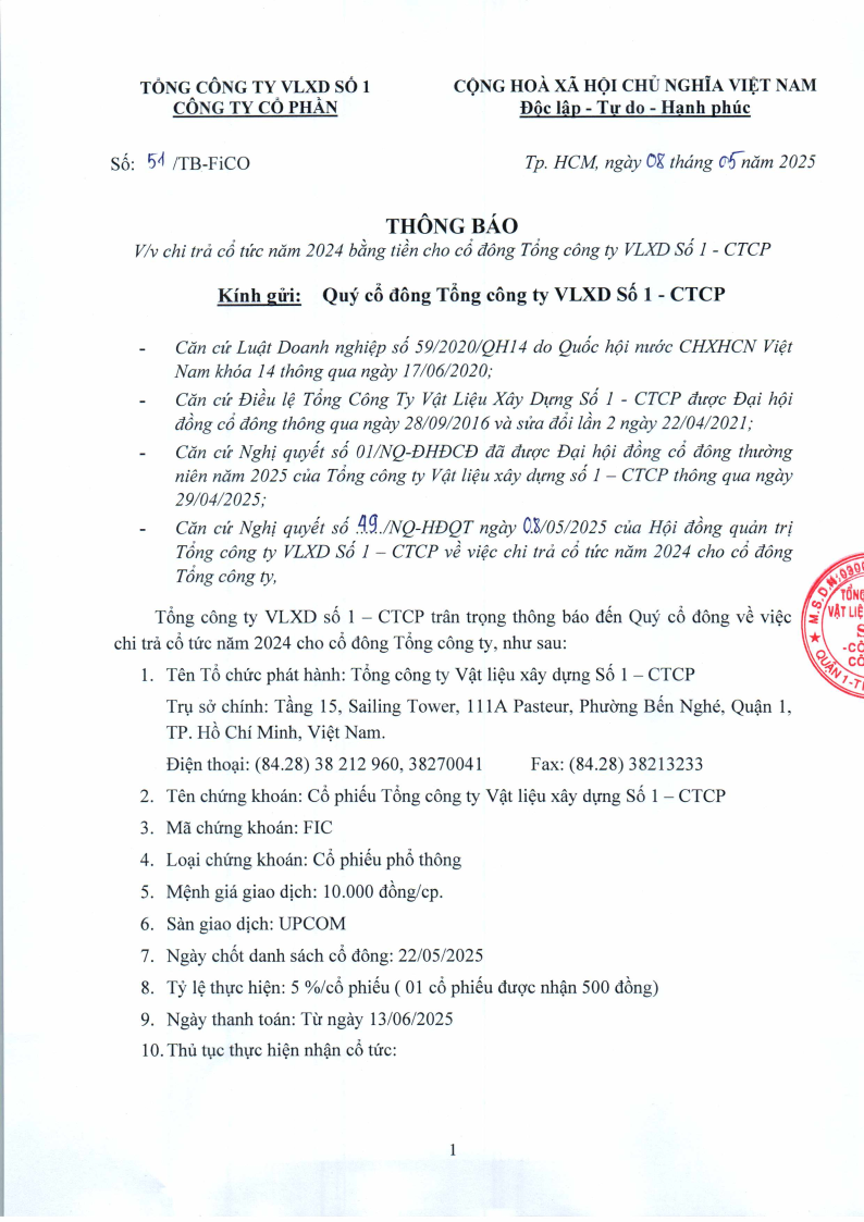 Thông báo chi trả cổ tức năm 2024 cho cổ đông Tổng công ty