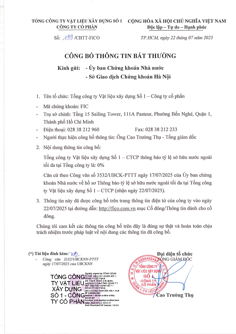 CBTT Tỷ lệ sở hữu nước ngoài tối đa tại Tổng công ty FiCO