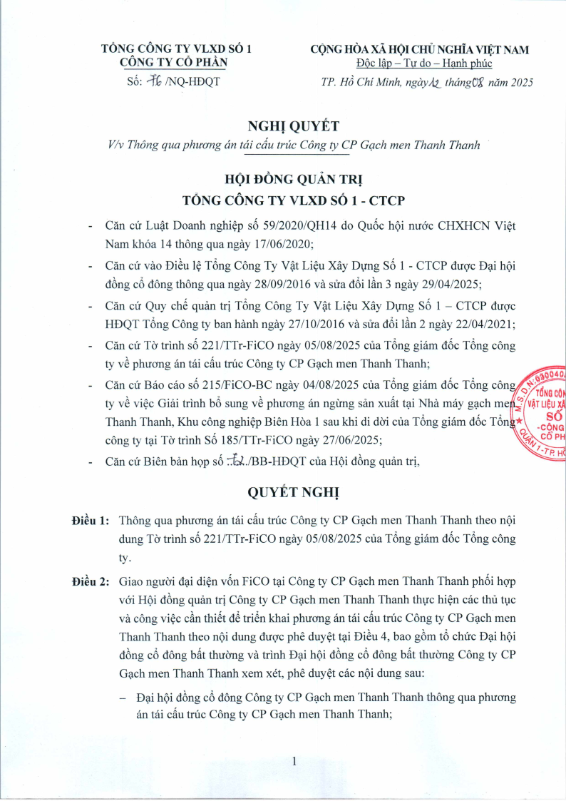 Nghị quyết HĐQT V/v Thông qua phương án tái cấu trúc Công ty CP gạch men Thanh Thanh