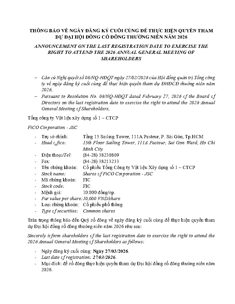 THÔNG BÁO NGÀY ĐĂNG KÝ CUỐI CÙNG THỰC HIỆN QUYỀN THAM DỰ DHDCD THƯỜNG NIÊN 2026