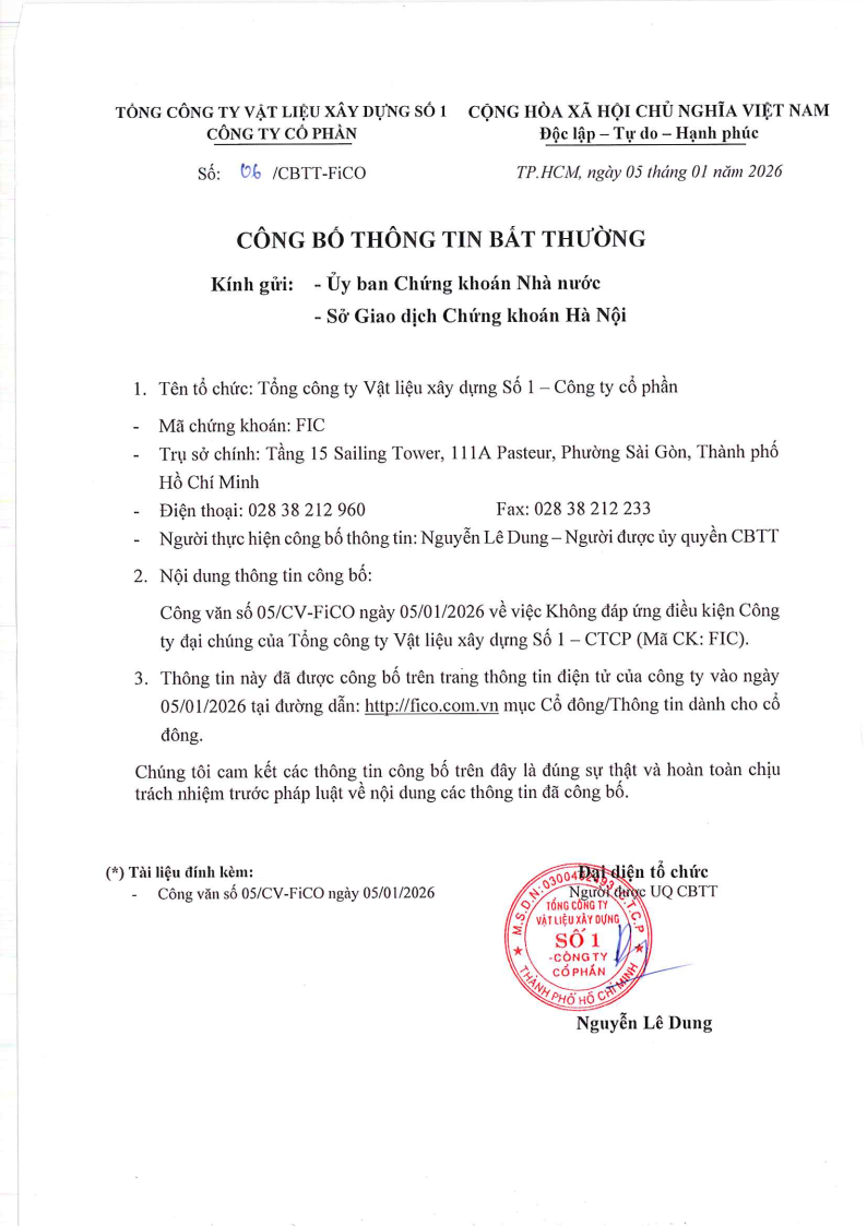 Công bố thông tin bất thường V/v Không đủ điều kiện công ty đại chúng của FiCO