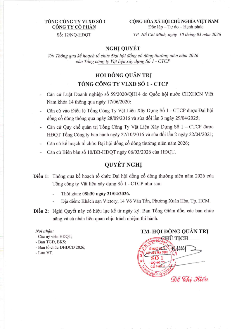 Nghị quyết V/v Thông qua kế hoạch tổ chức ĐHĐCĐ thường niên năm 2026