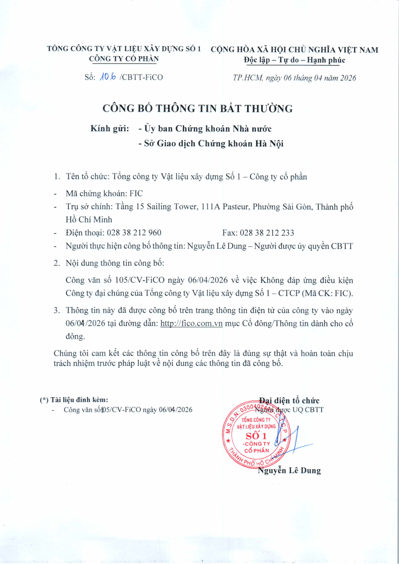 Công bố thông tin bất thường V/v Không đủ điều kiện công ty đại chúng của FiCO