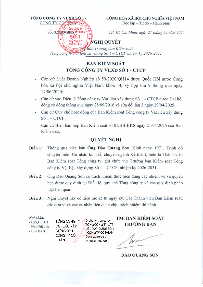 NQ bầu Trưởng BKS nhiệm kỳ 2026-2031 của Tổng công ty