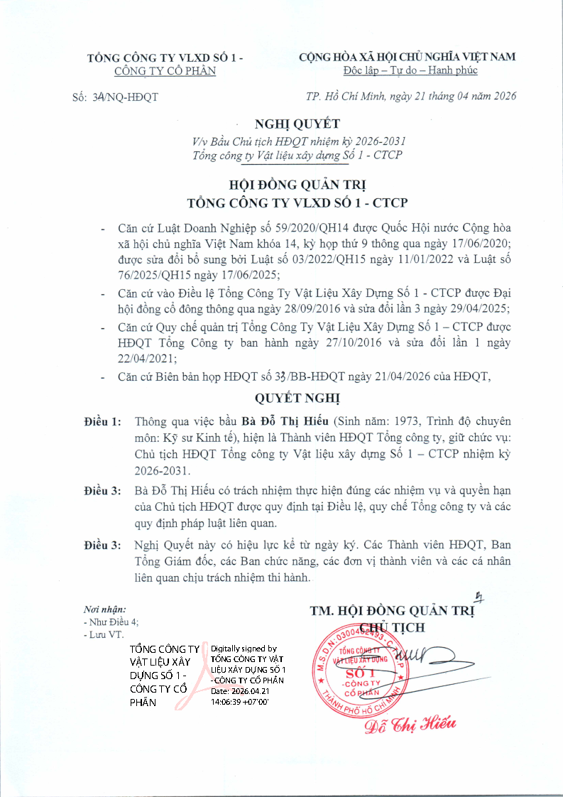 NQ bầu Chủ tịch HĐQT nhiệm kỳ 2026-2031 của Tổng công ty