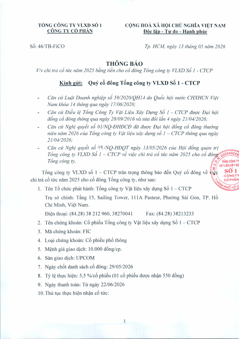 Thông báo chi trả cổ tức năm 2025 cho cổ đông Tổng công ty