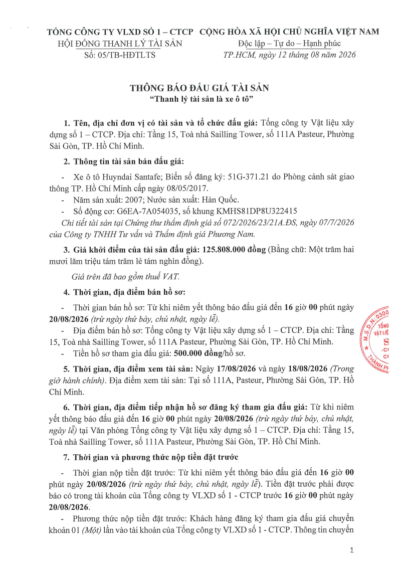 Thông báo đấu giá tài sản xe ô tô santafe lần 2