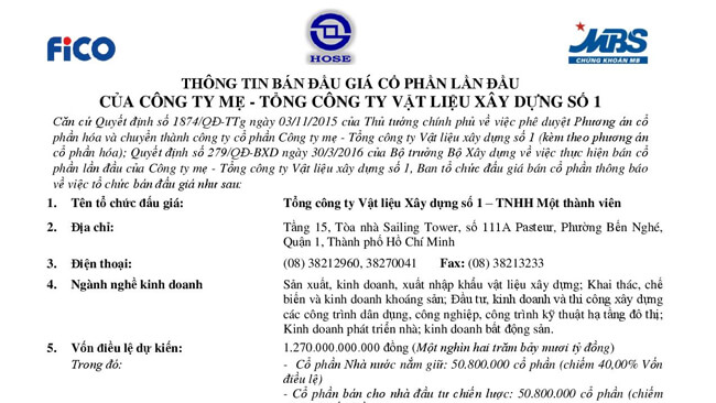 THÔNG TIN BÁN ĐẤU GIÁ CỔ PHẦN LẦN ĐẦU CỦA CÔNG TY MẸ - TỔNG CÔNG TY VẬT LIỆU XÂY DỰNG SỐ 1