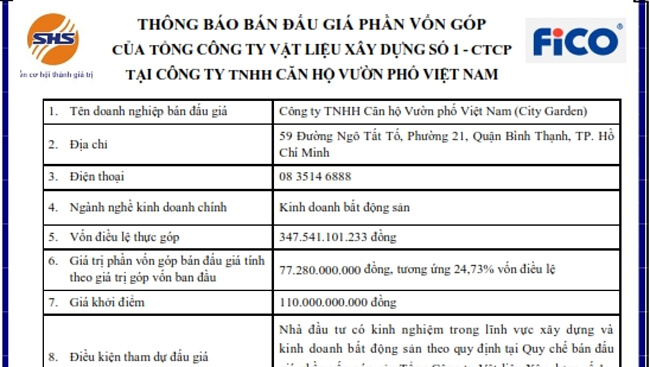 Thông báo bán đấu giá phần vốn góp của Tổng công ty Vật Liệu Xây Dựng Số 1 - CTCP tại công ty TNHH Căn Hộ Vườn Phố Việt Nam