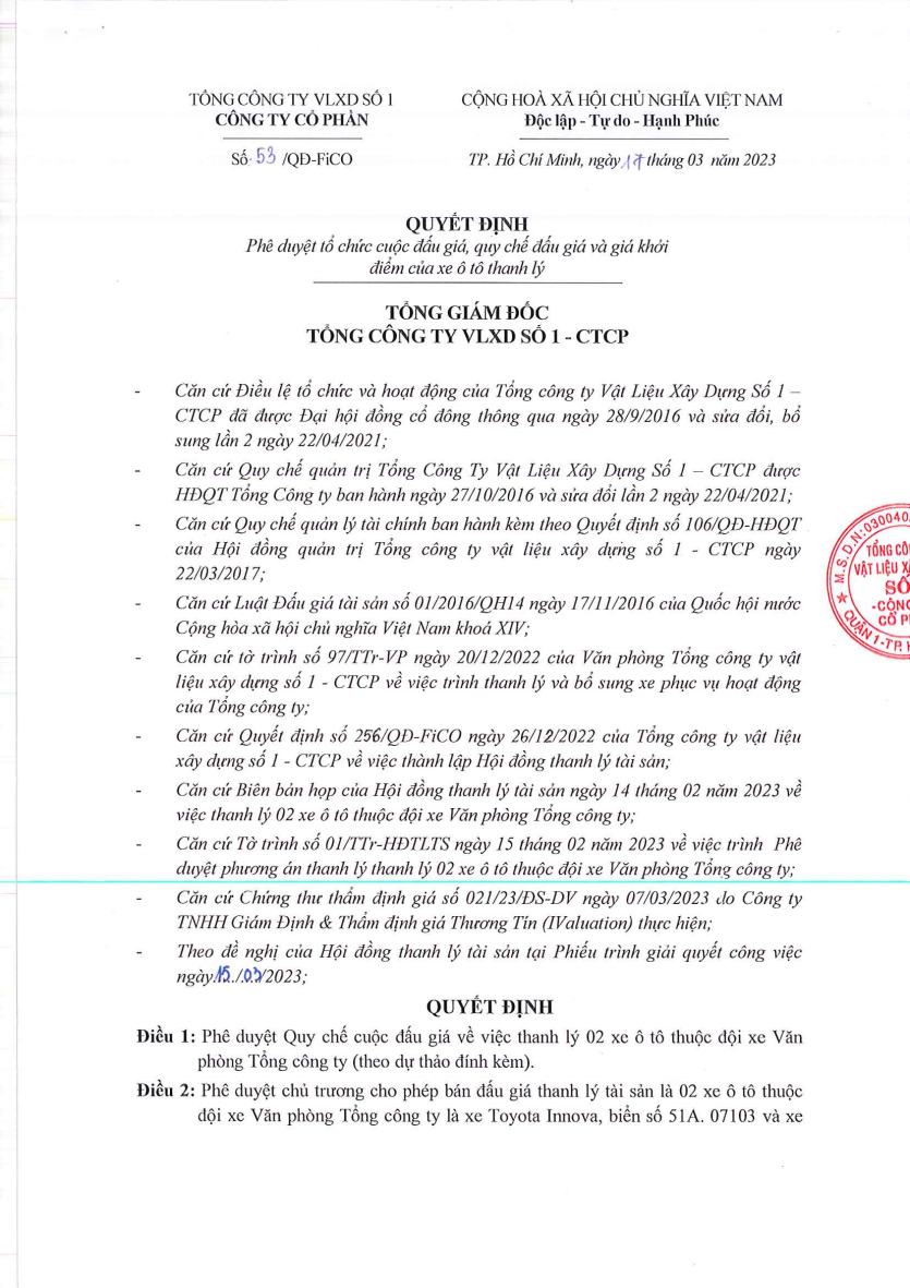 Thông báo bán đấu tài sản (02 ô tô) của Tổng công ty FiCO